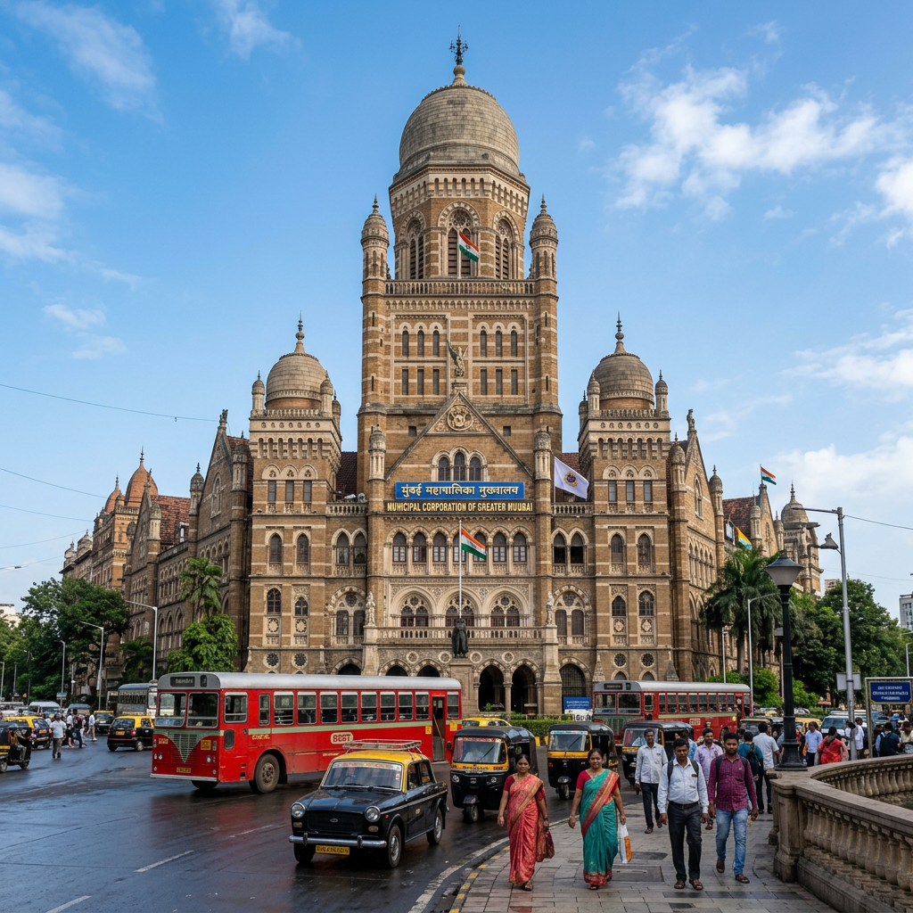 Mumbai Municipal Corporation building with buses, taxis, pedestrians, and Indian flags